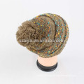 Ladies acrylic fancy yarn knitted pom pom hat